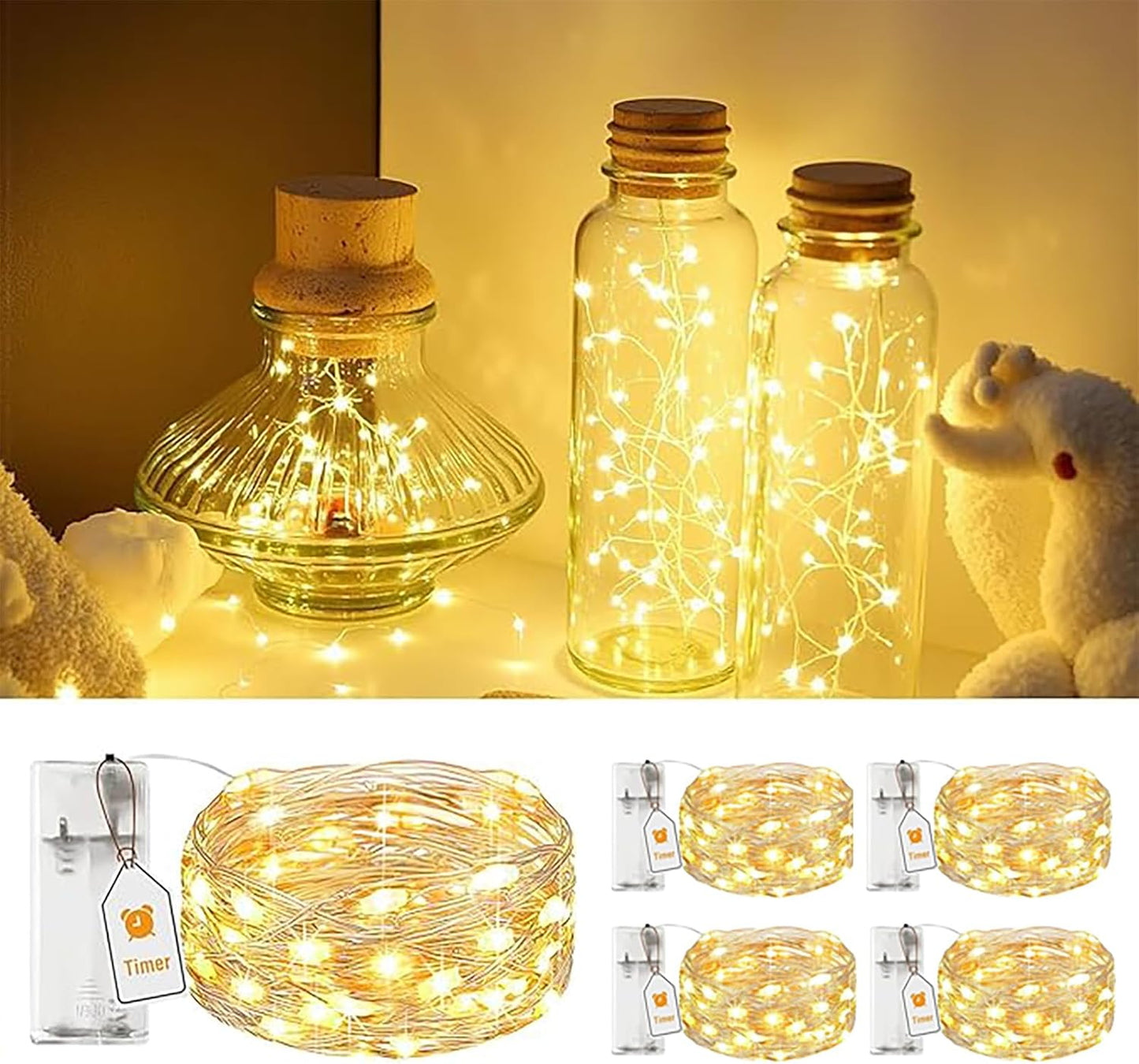 AlldGuo 2-Pack Fairy Lights Battery Powered – 2M 20 LED Warm White Twinkle Lights with Timer, Flexible Silver Wire Indoor String Lights for Bedroom, Christmas, Halloween, Party, DIY Decor