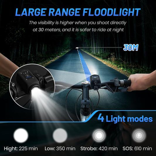 Bike Horn with Light, 110 dB Bicycle Electric Horn Front Headlight, 6 Sounds and 4 Light Modes, Adjustable Brightness Volume, USB Rechargeable, Battery Powered