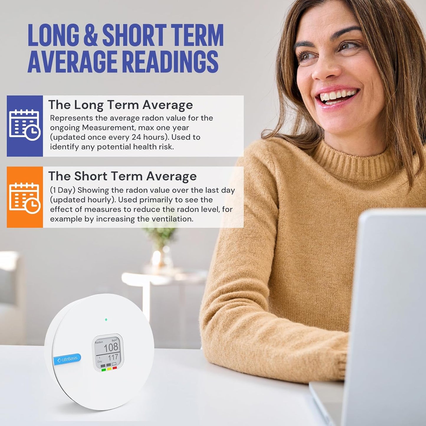 Life Basis Radon Detector for Home, Portable Radon Tester with Ink Screen Short & Long Term Radon Monitoring No Lab Fees Battery Operated, Canadian Version Bq/m3 & pCi/L Selectable, White