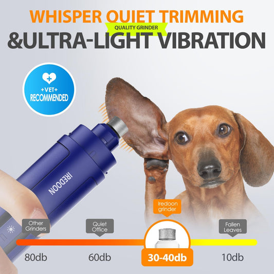 IREDOON Dog Nail Grinder Upgraded - Professional 3-Speed Super Quiet and Low Vibration Electric Pet Nail Grinder with 4 LED Lights - Painless Paws Grooming & Smoothing for Small to Large Dogs (Blue) - PuriLite