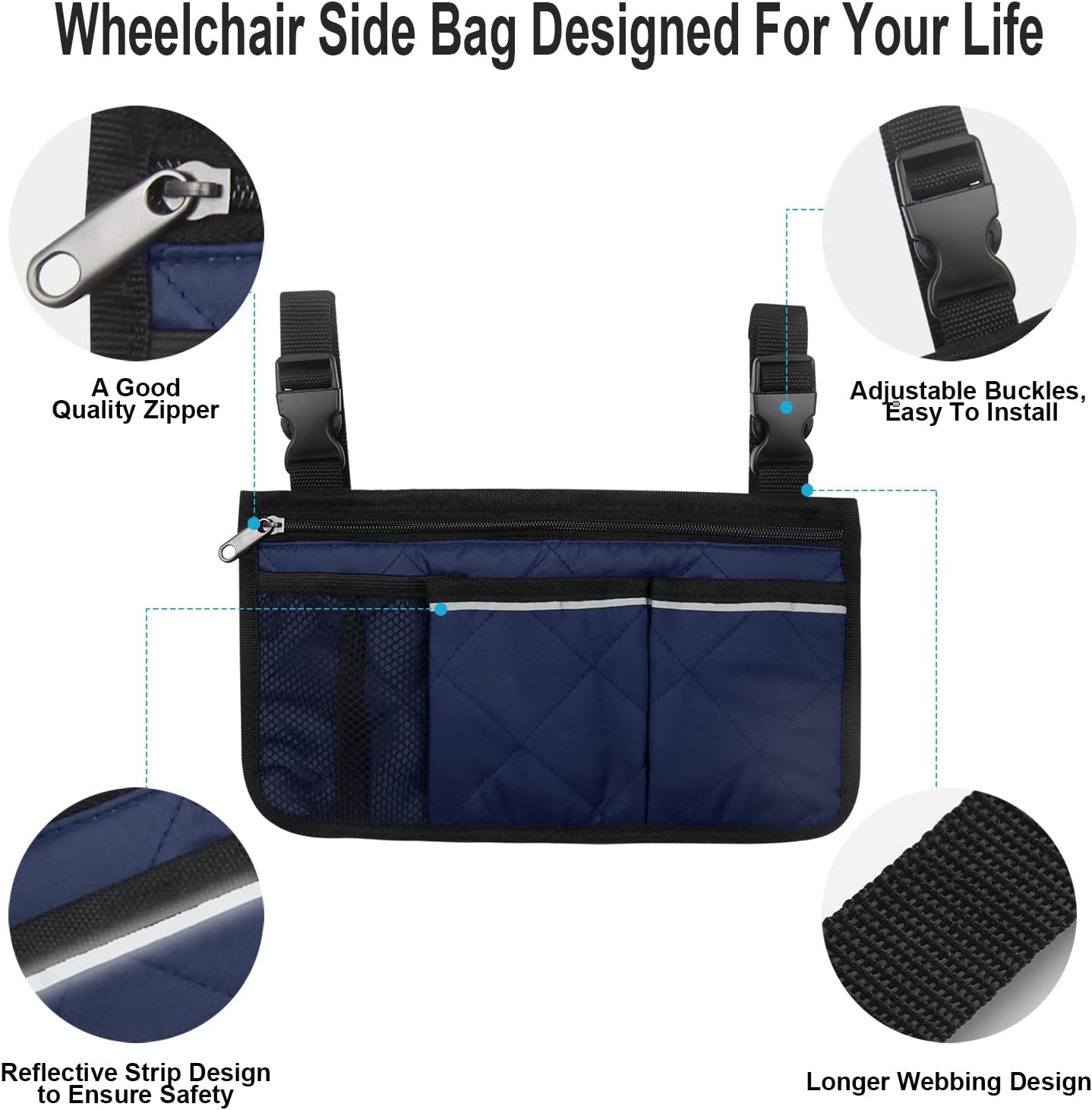 Wheelchair Side Bag, Wheelchair Armrest Storage Pouch with Cup Holder and Reflective Strip for Wheelchairs, Walkers or Rollators (Black)