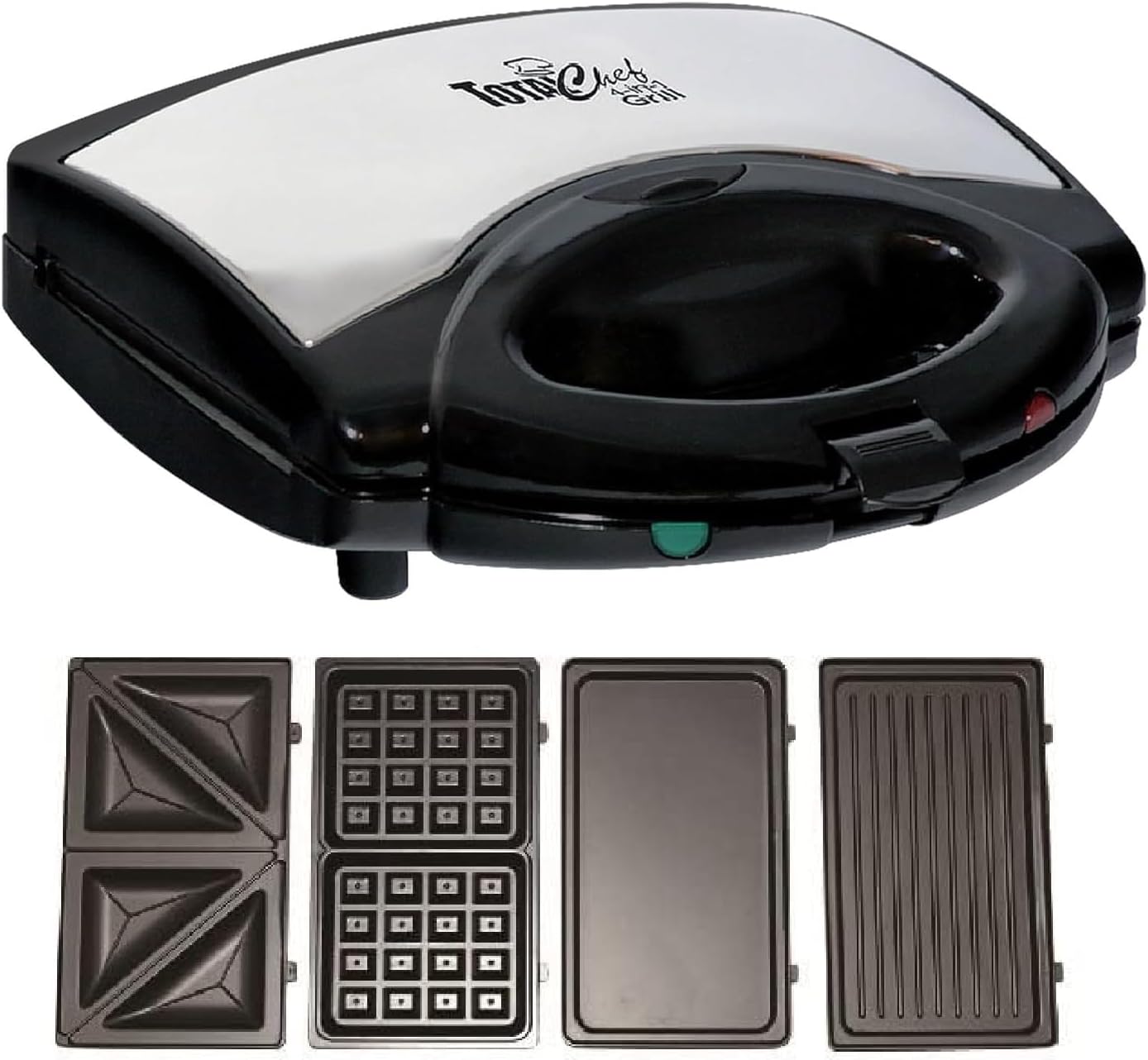 Total Chef 4 in1 Grill Waffle Maker - Mini Belgium Gaufre, Sandwich, Panini Press Machine, Electric, Non-Stick Removable Plates, Easy To Clean Countertop Cooking Kitchen Appliance For Breakfast