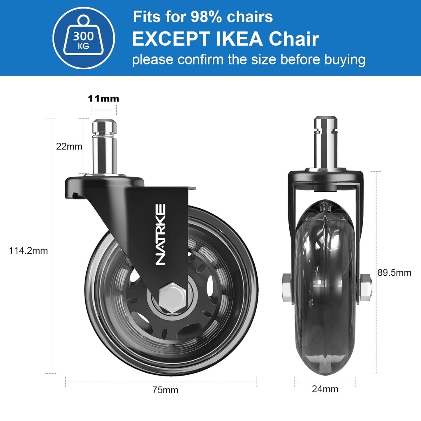 NATRKE Office Chair Wheel Replacement, 11×22 Office Chair Casters, 3" Rubber Caster Wheels for Swivel Chair for All Floors Hardwood Carpet, 5 Pack (Clear)