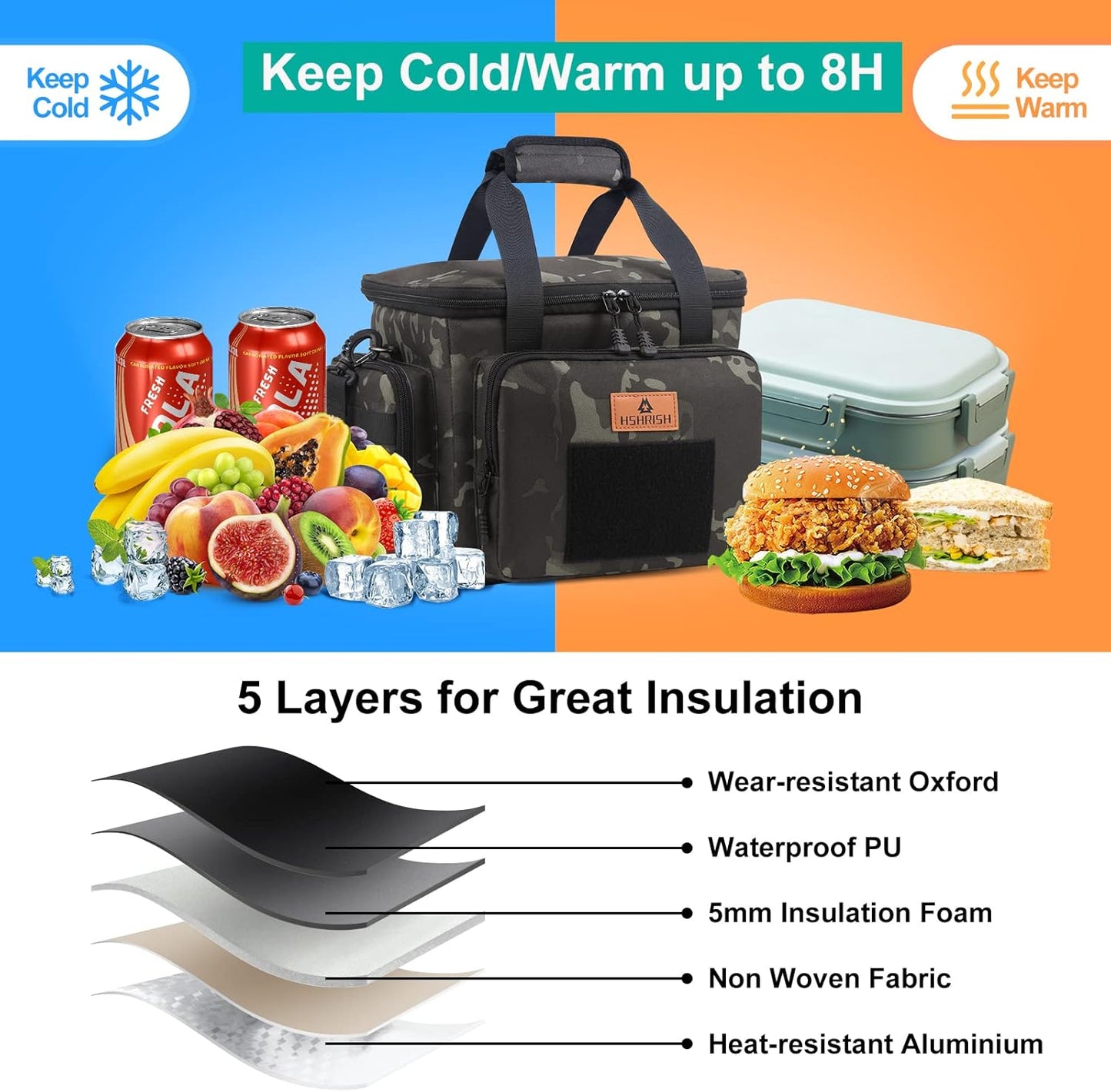 HSHRISH Tactical Large Lunch Bag for Men,Leakproof Insulated Lunch Box, Durable Soft Cooler Bag with Shoulder Strap Lunch Pail for Work Shifts Outdoor