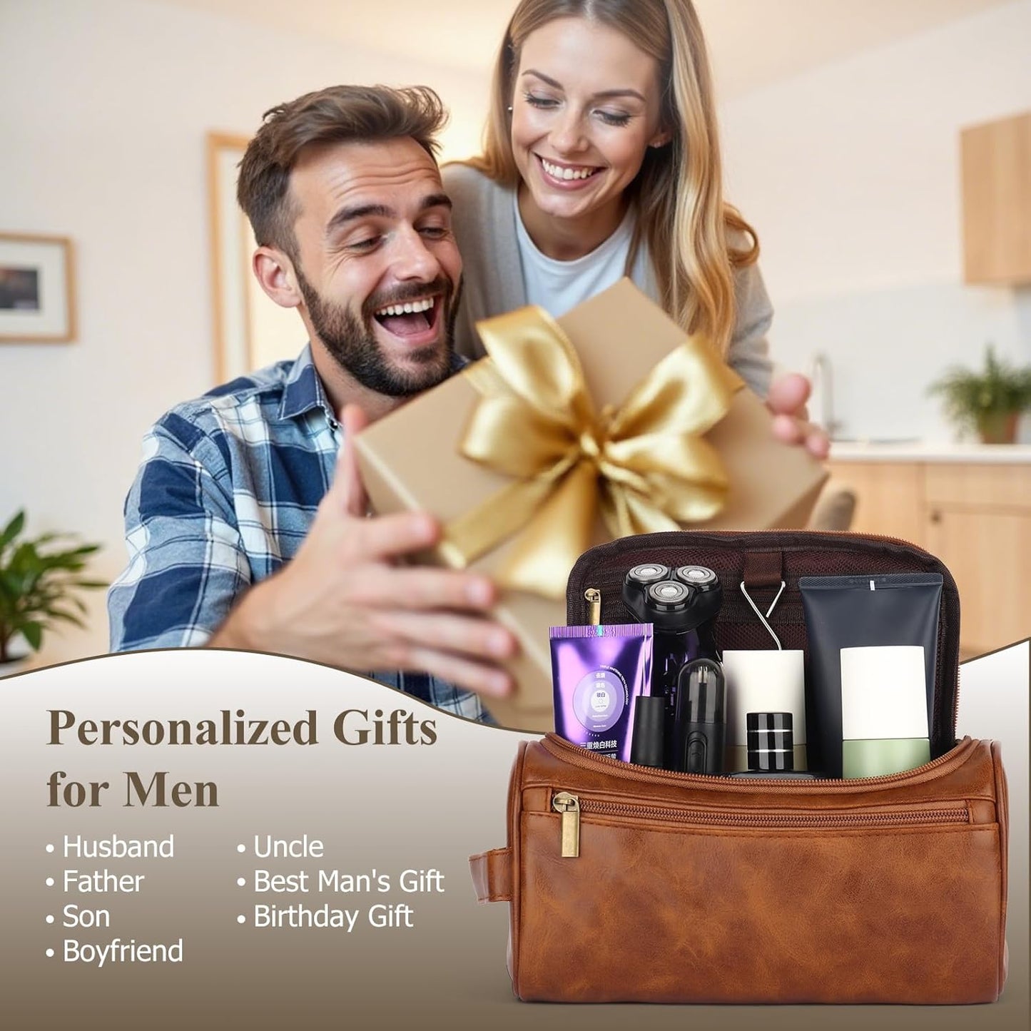 OXYEFEI Toiletry Bag Men,Gifts for Men,Mens Toiletry Travel Shaving Dopp Kit Bag with Initial PU Leather Cosmetic Bags Organizer Storage Accessories (R)