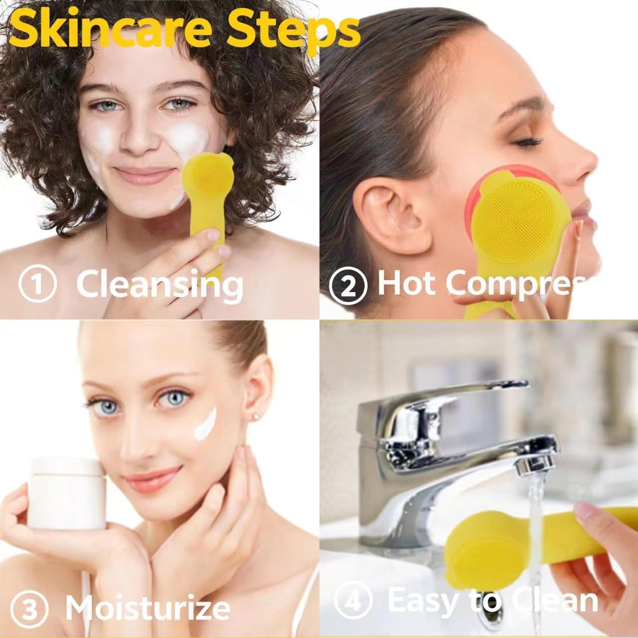 Ancaedhy 3 in 1 Facial Cleansing Brush, 5 Levels Deep Cleansing, Electric Face Scrubber for Men and Women, USB Rechargeable, IPX7 Waterproof, Yellow Silicone Face and Nose Scrubber
