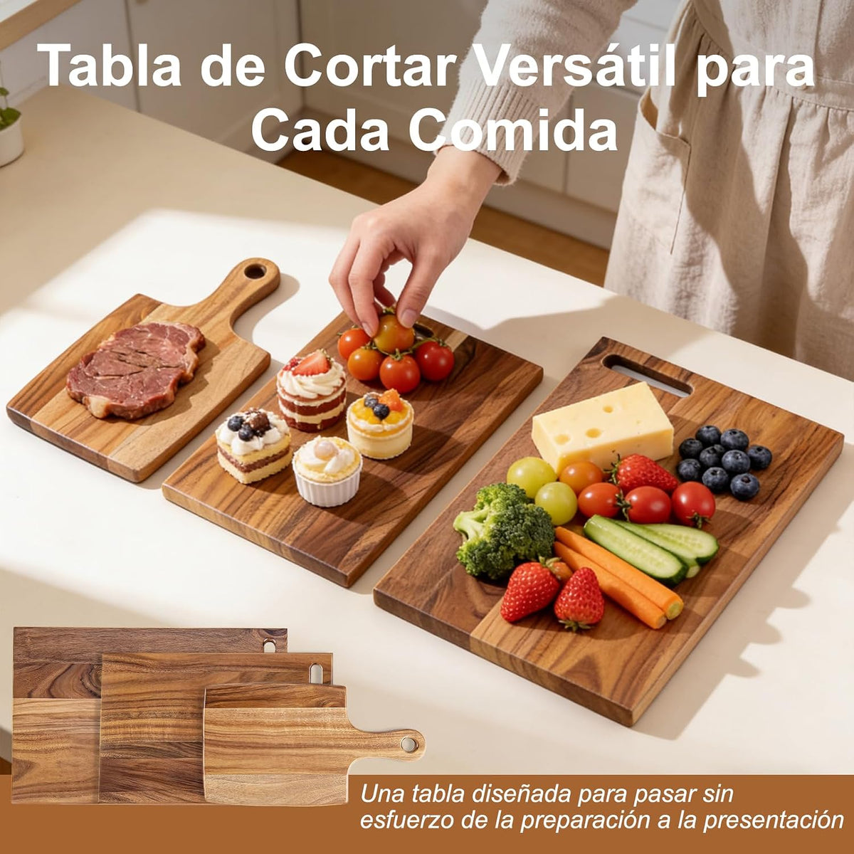 Acacia Wood Cutting Board Set of 3 with Holder, Wooden Cutting Boards for Kitchen, Chopping Board Set with Handle for Meat, Bread, Cheese & Serving, Charcuterie Boards