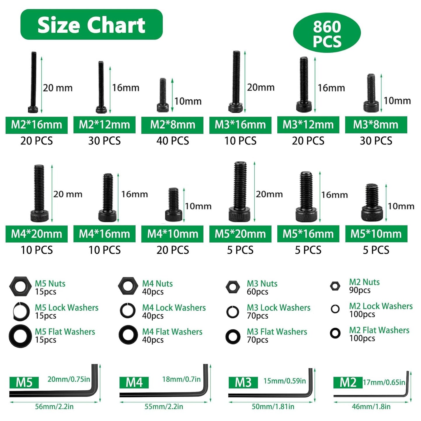 860PCS Metric Screw Assortment Kit, M2 M3 M4 M5 Machine Screws with Lock & Flat Washers, 10.9 Grade Alloy Steel, Metric Hex Button Head Cap Nuts and Bolts Assortment Kit with 4 Wrenches