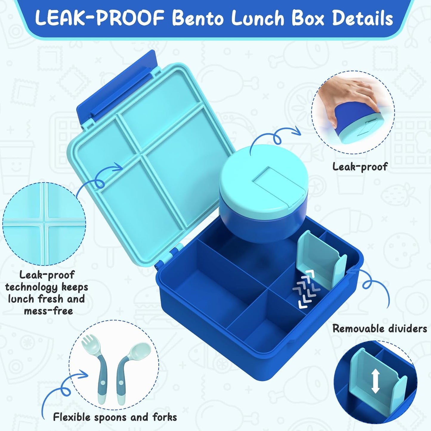 Bento Lunch Box for Kid with 7oz Soup Jar, Leak-Proof Lunch Box with Cutlery, 4-Compartments Lunch Container for School Outdoors Office