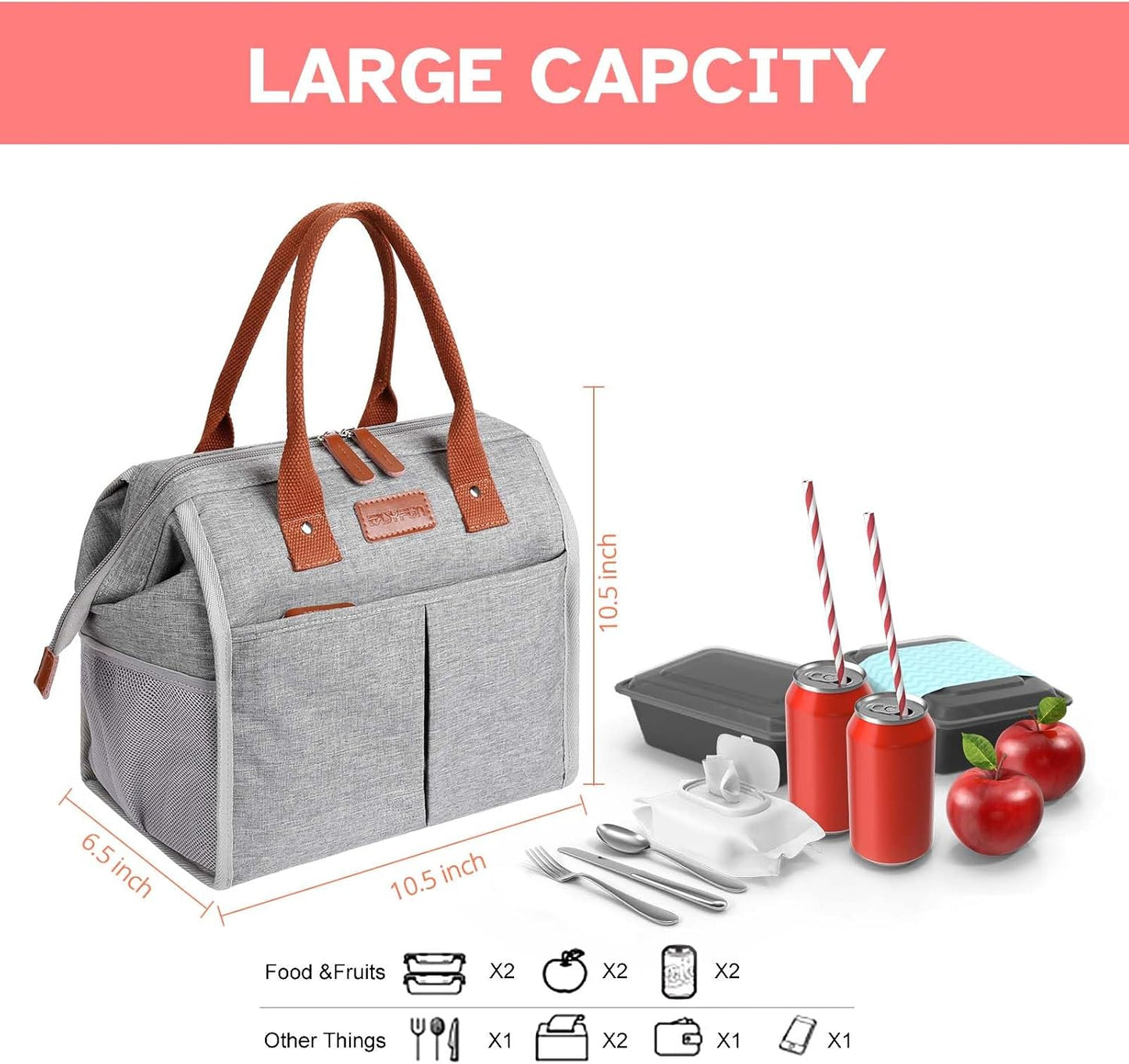 Lunch Bag for Women & Men, Insulated Lunch Box Cooler Tote Bags, Adult Reusable Lunch Boxes with Water Resistant for Work, Travel and Picnic (Grey)