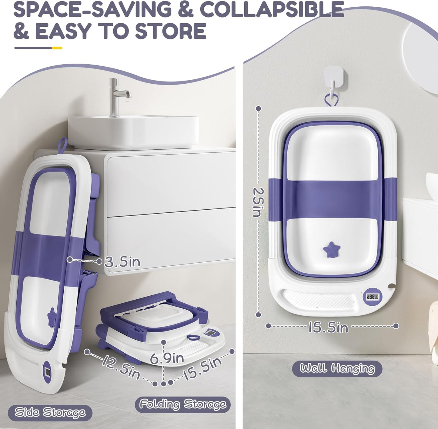 Collapsible Baby Bathtub,Baby Bath Tub with Thermometer & Soft Cushion,Baby Bathtub for Newborn to Toddler 0-36 Months,Portable Travel Baby Tub with No-Slip Feet,Baby Shower Gifts,Lavender