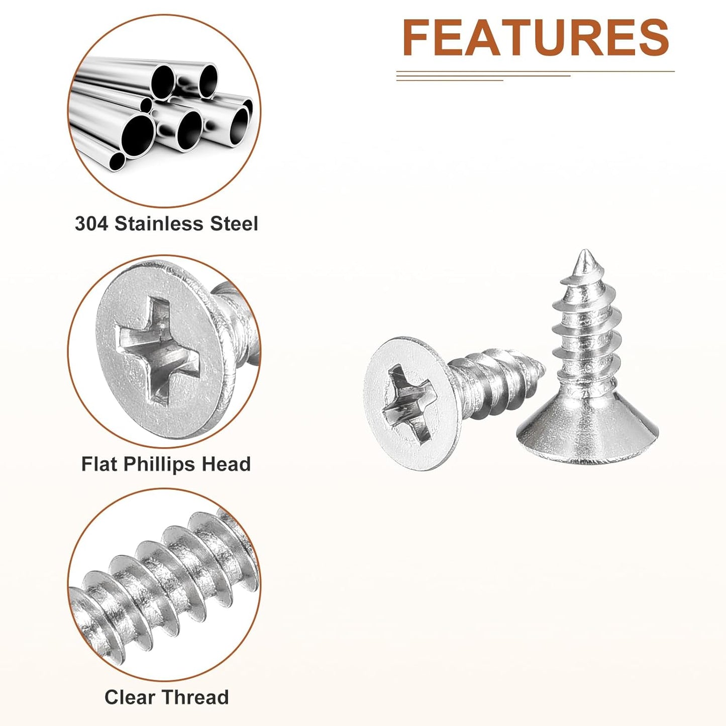 DTGN 100Pcs #6x1/2 Flat Head Wood Screws, 304 Stainless Steel Phillips Self Tapping Screws - Good for Woodworking, Furniture - Silver