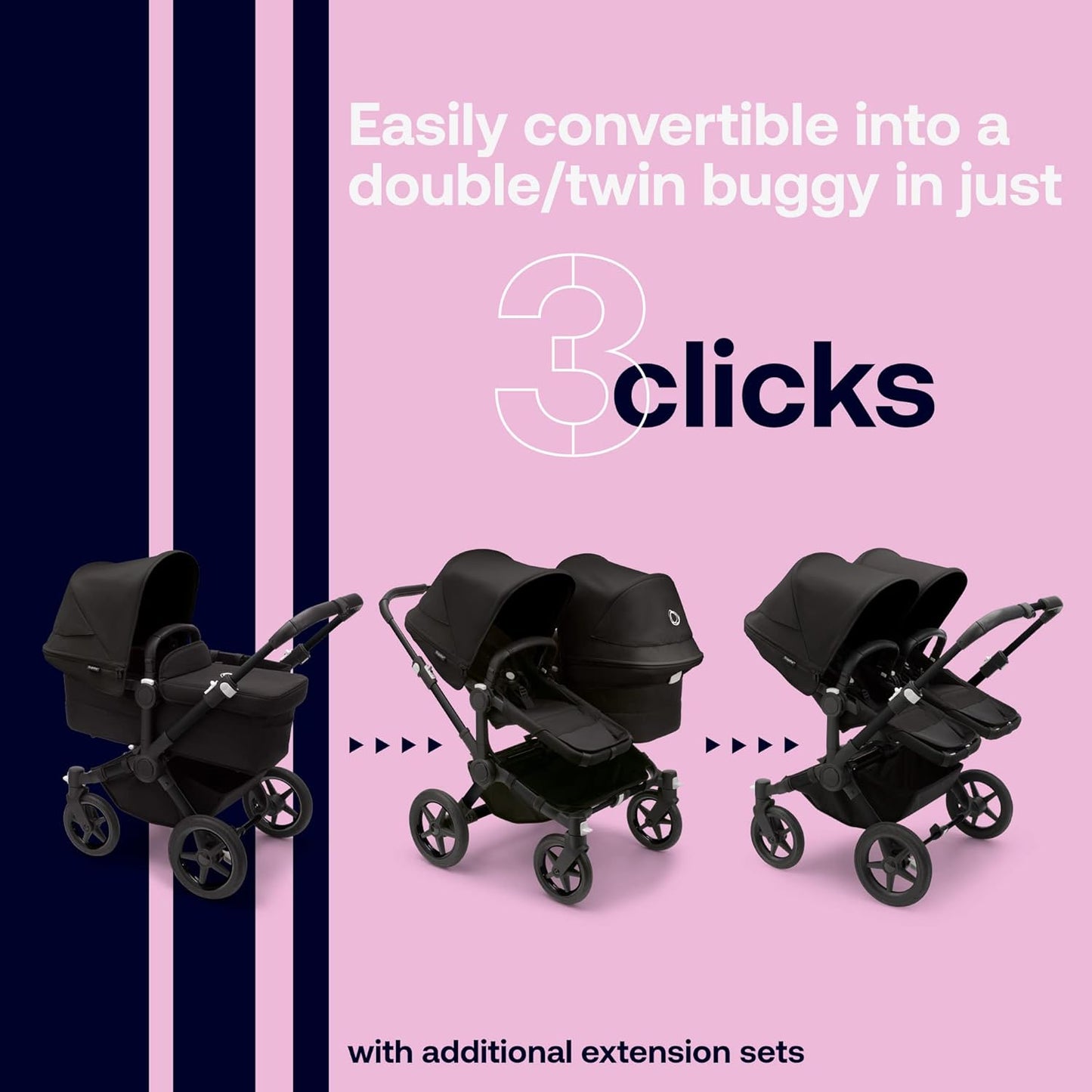 Bugaboo Donkey 5 Mono Complete,Single Stroller Converts to Side-by-Side Double Stroller, Multiple Seat Positions, Black/Midnight Black-Midnight Black