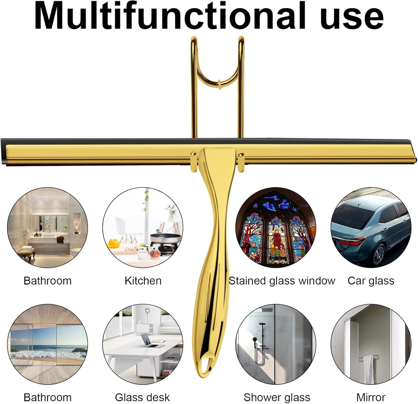 14 Inch Shower Squeegee Stainless Steel with Shower Door Hook and Adhesive Hook Glass Squeegee Bathroom for Doors, Bathroom, Windows, Kitchen, Mirror with Spare Silicone Blade 2 Hooks