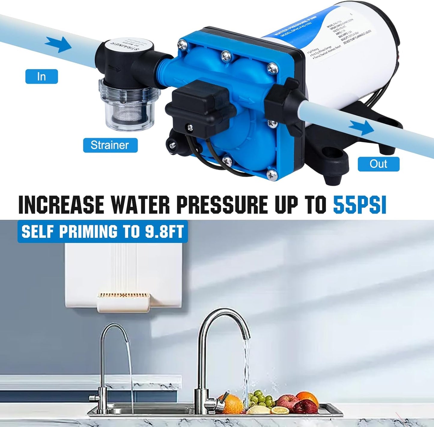 DC HOUSE 12V RV Fresh Water Pump 3.0GPM 45 PSI 12Volt DC Water Pressure Diaphragm Pump On Demand for Camper Trailer Off-Grid Cottage Yacht House