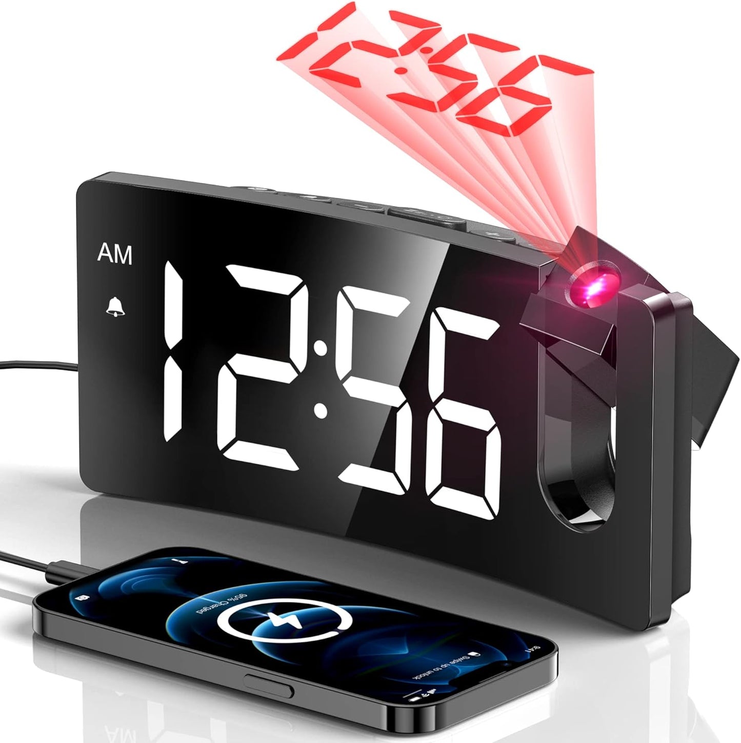 GOLOZA Projection Alarm Clock, Digital Clock with Modern Curved Design 180° Rotatable Projector, 3-Level Brightness Dimmer, Clear Blue LED Display, Progressive Volume, 9mins Snooze,12/24H, for Bedroom