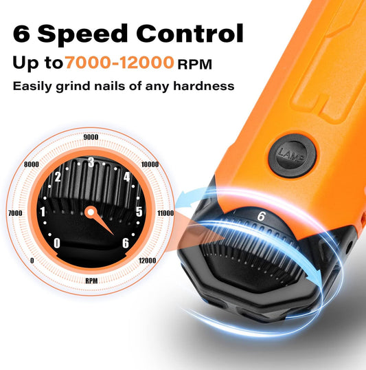 Casfuy 6-Speed Dog Nail Grinder - Newest Enhanced Pet Nail Grinder Super Quiet Rechargeable Electric Dog Nail Trimmer Painless Paws Grooming & Smoothing Tool for Large Medium Small Dogs (Orange) - PuriLite