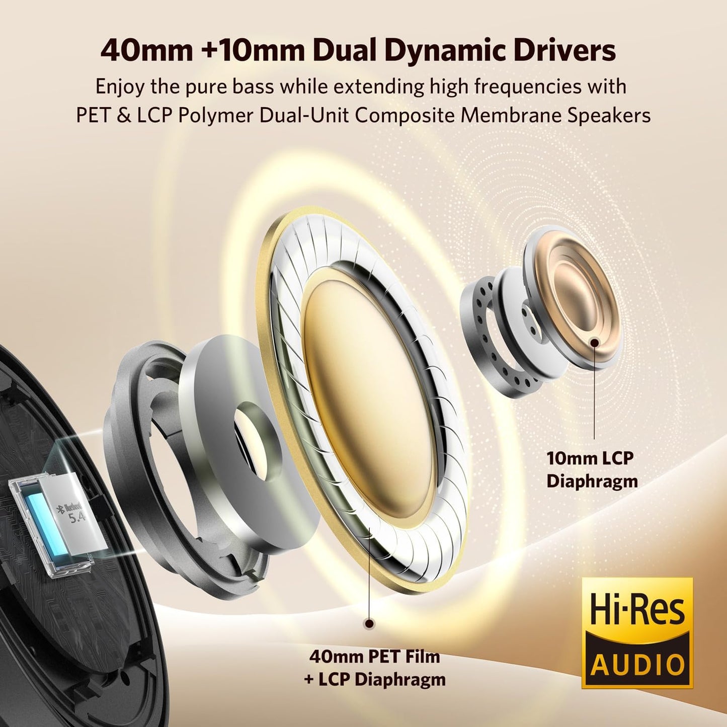 EarFun Tune Pro Active Noise Canceling Headphones, Wireless Bluetooth 5.4 Headphones with 5 Mics, 120H Playtime, Hi-Res Audio, Multipoint Connection, Custom EQ via App, Comfortable Fit