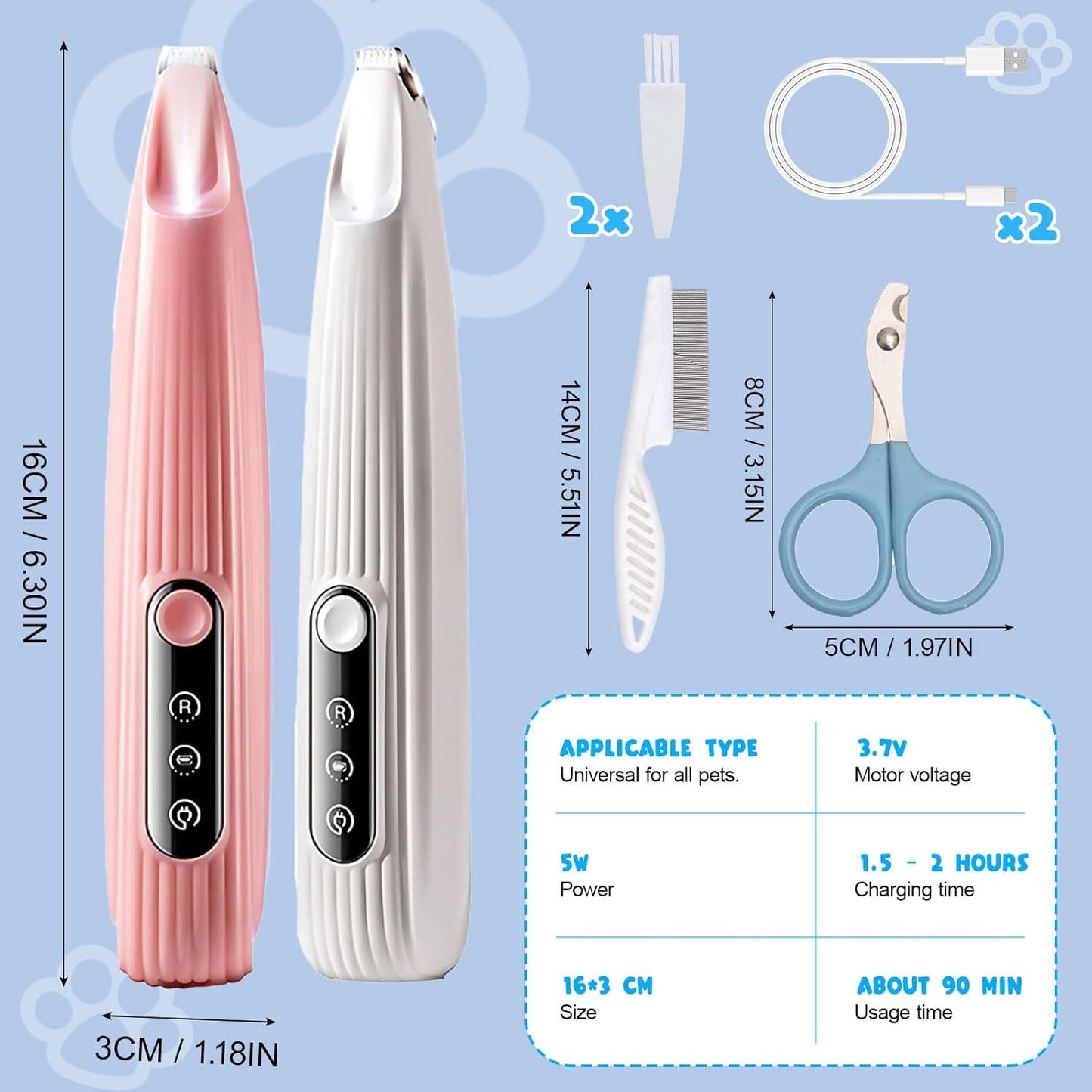 DoggyKings Pet Paw Trimmer 2Pack, 3 in 1 Electric Dog Trimmer, Rechargeable Waterproof with LED Light for Trimming Dog's Hair Around Paws, Eyes Ears Face Feet, with Nail Clippers, Grooming Brush