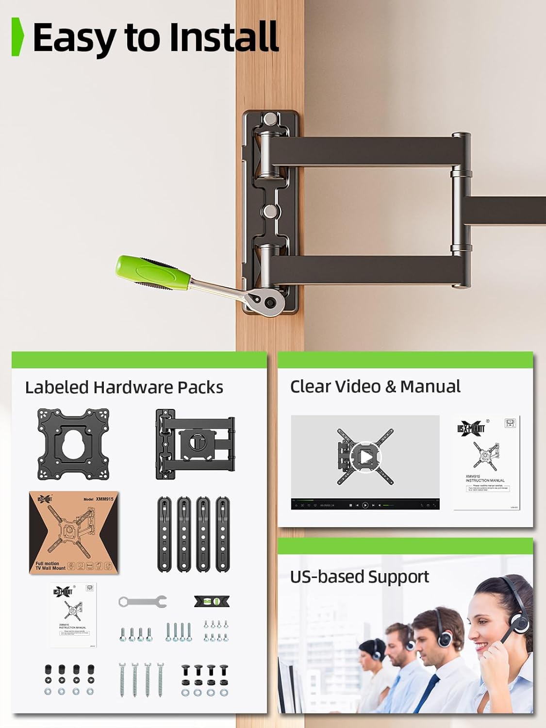USX MOUNT Full Motion TV Wall Mount for 26-60 Inch TVs up to 77Lbs, Wall Mount TV Bracket, Single Stud Articulating TV Mount, Smooth Swivel Extension, Max VESA 400x400 mm, XMM915