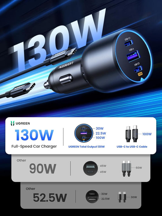 UGREEN 130W Car Charger USB C Fast Charger (with 100W USB C Cable) PD3.0 QC4.0 PPS Fast Charging Car Adapter Compatible with Dell XPS, MacBook, iPhone 16 15 14 Pro Max, Galaxy S25 S24 Ultra, iPad Pro - PuriLite