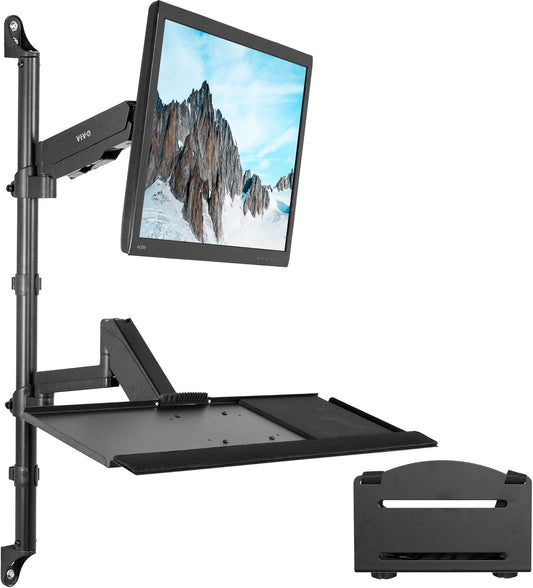 VIVO Black Sit-Stand Height Adjustable Pneumatic Spring Arm Keyboard, Monitor, CPU Wall Mount for 1 Screen up to 32 inches STAND-SIT1BW - PuriLite