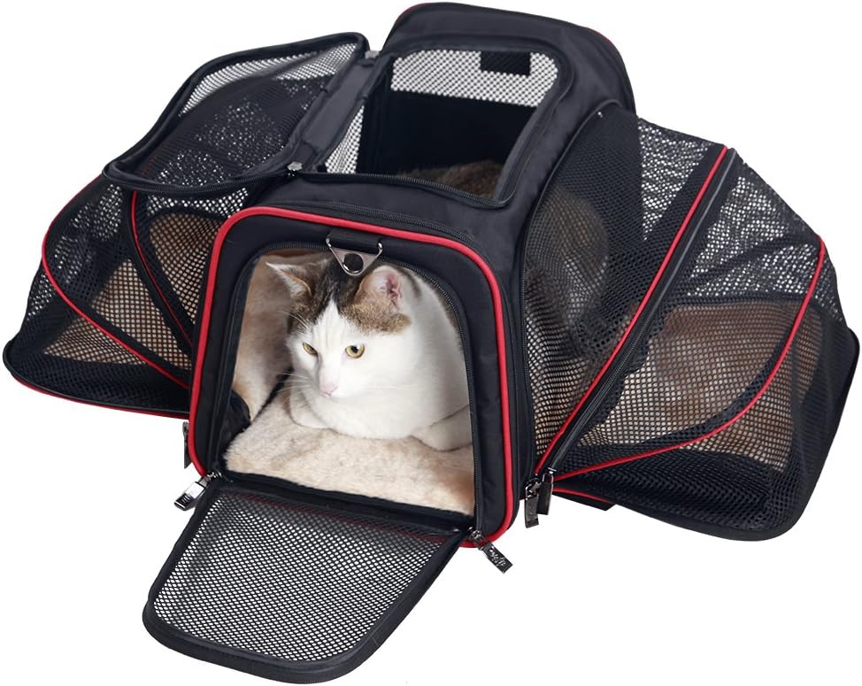 Petsfit Expandable Cat Dog Carrier Airline Approved, 17" L x 11" W x 11" H Soft-Sided Portable Pet Travel Carrier for Kitten, Puppy, Removable Soft Plush Mat and Pockets, Auto-Locking Zippers
