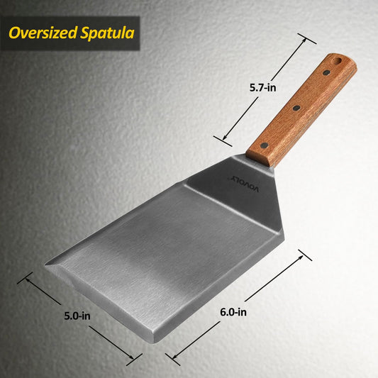 Extra Wide Spatula, Large Metal Spatula with Full Tang Wooden Handle & Beveled Edges for Skillets, Griddles & Grills, Pancake Flipper Spatula, Smash Burgers Spatula, 6 x 5-inches - PuriLite