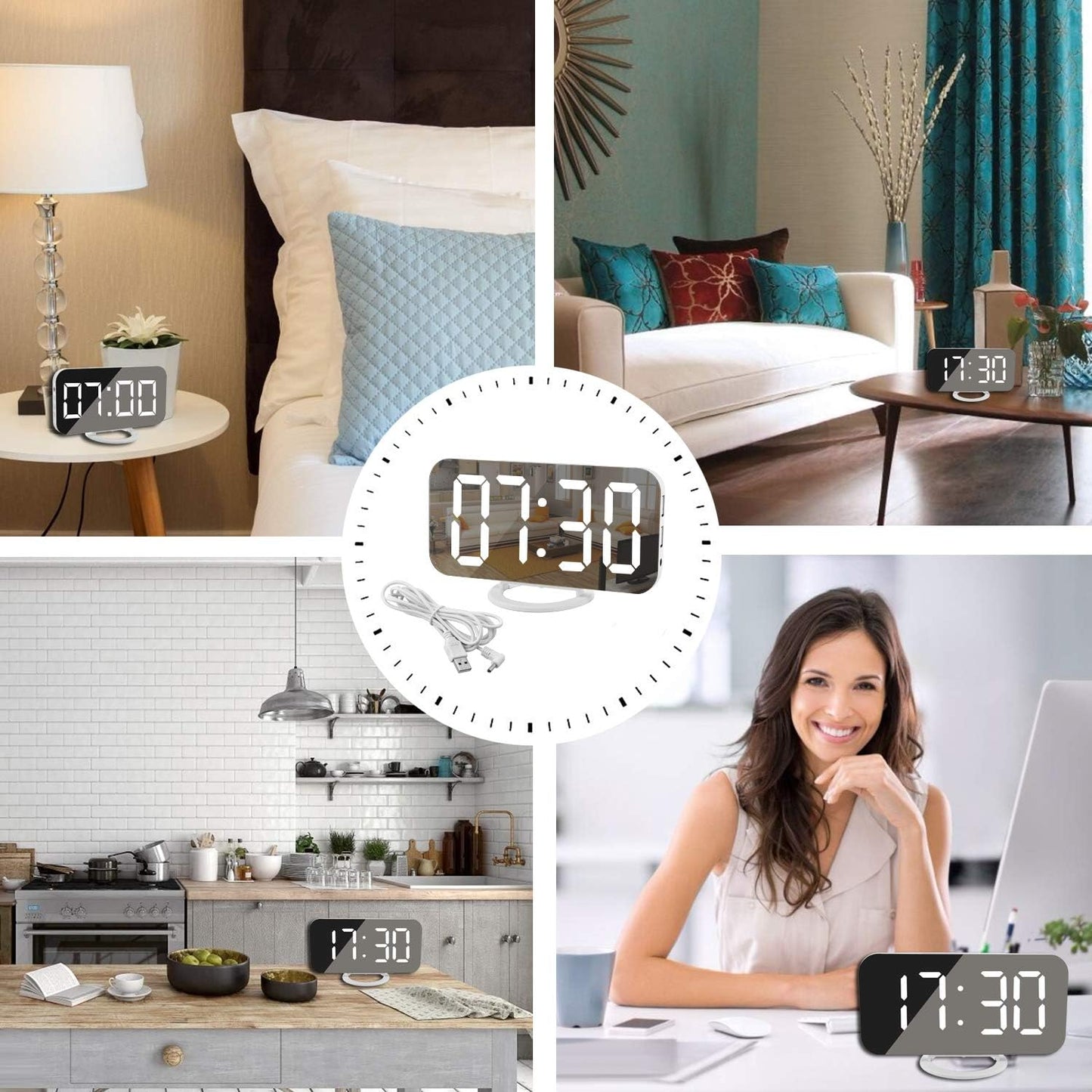 SZELAM Digital Alarm Clock,LED and Mirror Desk Clock Large Display,with Dual USB Charger Ports,3 Levels Brightness,12/24H,Modern Electronic Clock for Bedroom Home Living Room Office - Gold