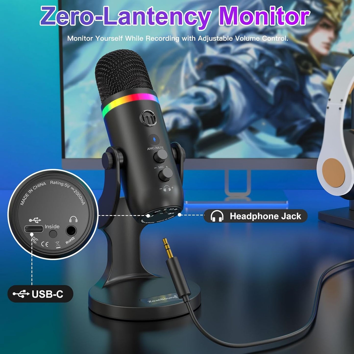 ZealSound USB Microphone,Condenser Phone Computer PC Mic kit,Plug&Play Gaming Microphones for PS 4&5.Mic Gain&Volume Control,Echo &Mute Button for Vocal,Record,Streaming,Discord YouTube Podcast on Mac
