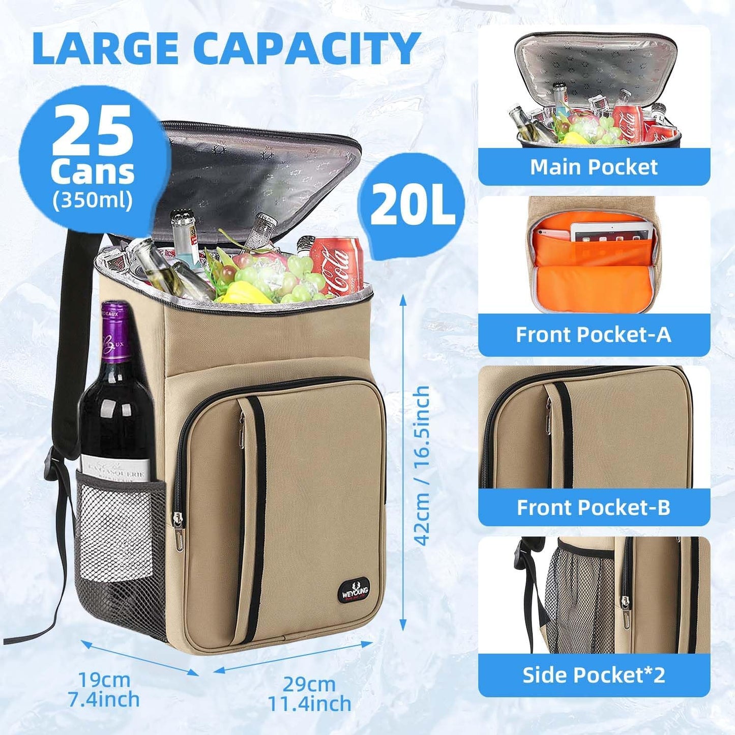 Bagtopia Camping Cooler Backpack 25 Cans, Leak Proof Insulated Thermal Bag, Beach Travel Picnic Lunch Backpack for Men Women