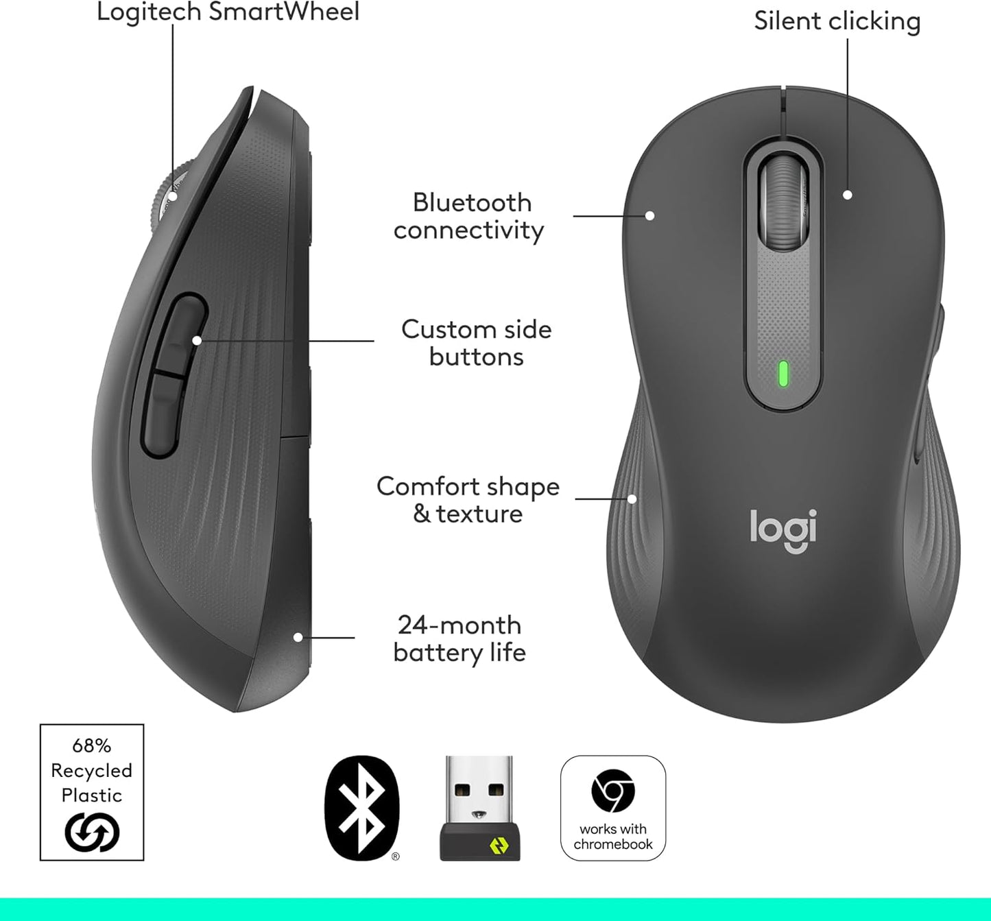 Logitech Signature M650 L Full Size Wireless Mouse - For Large Sized Hands, 2-Year Battery, Silent Clicks, Customizable Side Buttons, Bluetooth, for PC/Mac/Multi-Device/Chromebook - Black