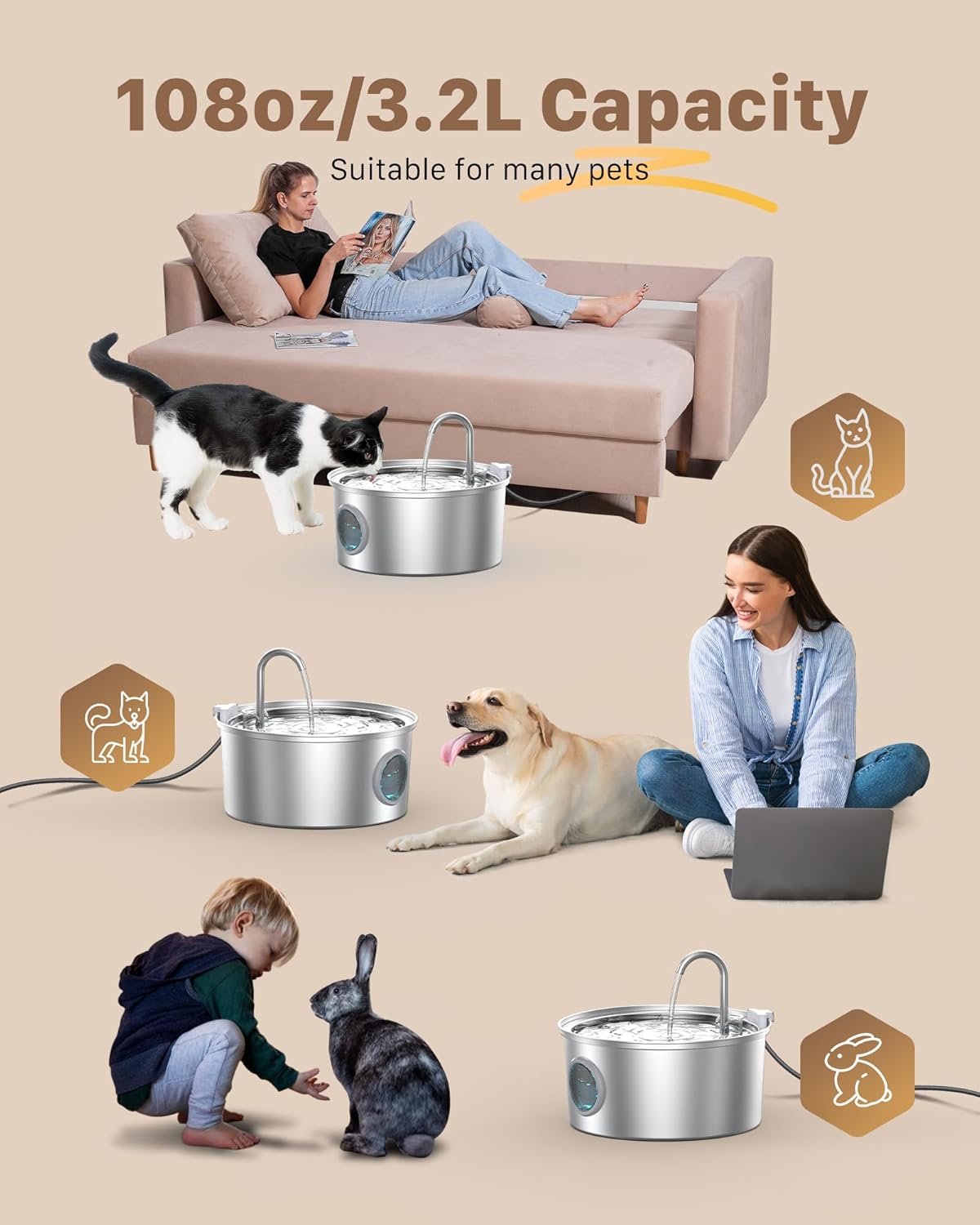 Cat Water Fountain Stainless Steel: Cat Fountain - 2.2L/74oz Water Fountain Indoor Cat - Pet Water Fountain - Quiet Automatic Cat Water Dispenser - Dog Drinking Fountain - GIOTOHUN
