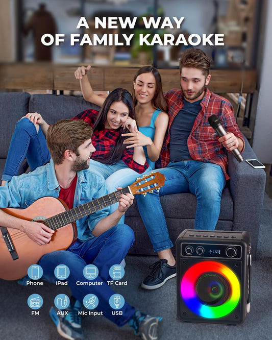 Karaoke Machine, Portable Bluetooth Speaker with 2 Wireless Microphones, PA System for Adults Kids with LED Lights, Supports REC/FM/AUX/USB/TF for Home Party