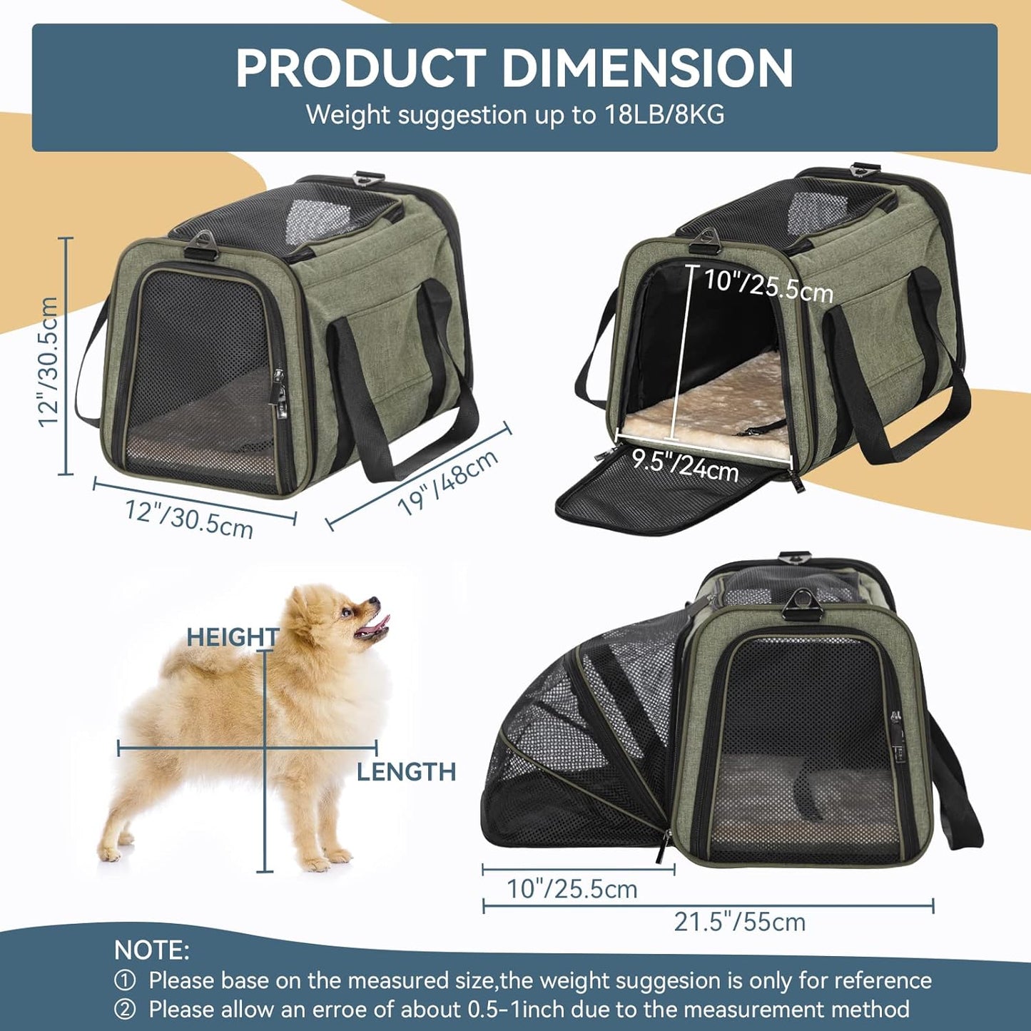 Petsfit Expandable Cat Dog Carrier Airline Approved, 17" L x 11" W x 11" H Soft-Sided Portable Pet Travel Carrier for Kitten, Puppy, Removable Soft Plush Mat and Pockets, Auto-Locking Zippers