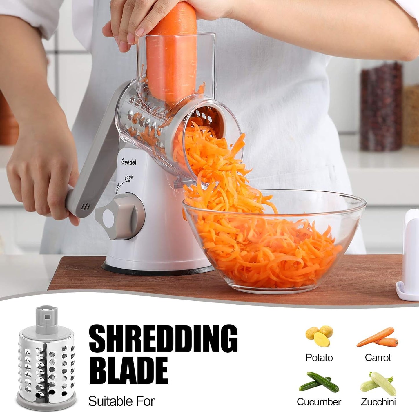 Geedel Kitchen Cheese Grater, Rotary Mandoline Vegetable Slicer with Interchangeable Blades, Easy to Use Rotary Grater Slicer for Fruit, Vegetables, Nuts