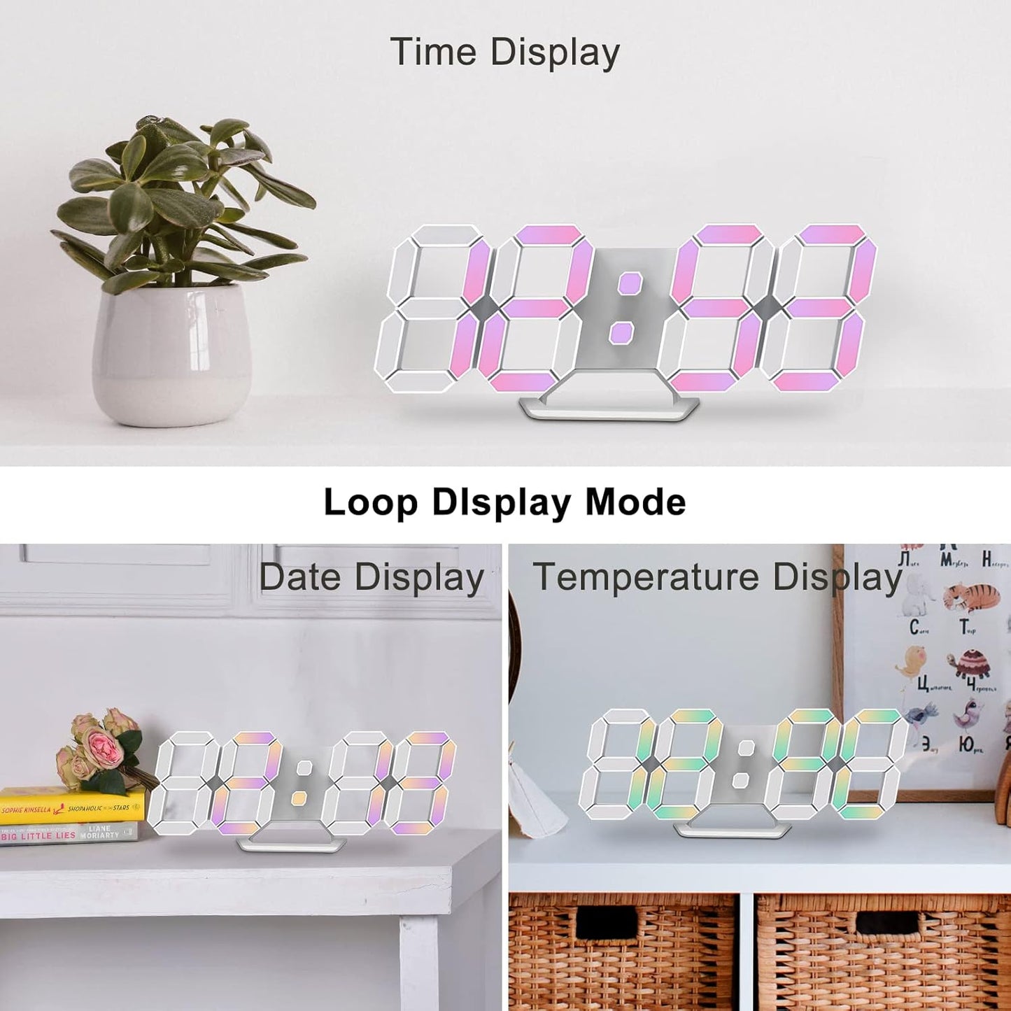Deeyaple 3D LED Digital Wall Clock Modern Alarm Clock Adjust Brightness 12/24 Time Date Temperature Silent Snooze USB Night Light Remote Control Kitchen Bedroom Living Room Small 9.7 inch White