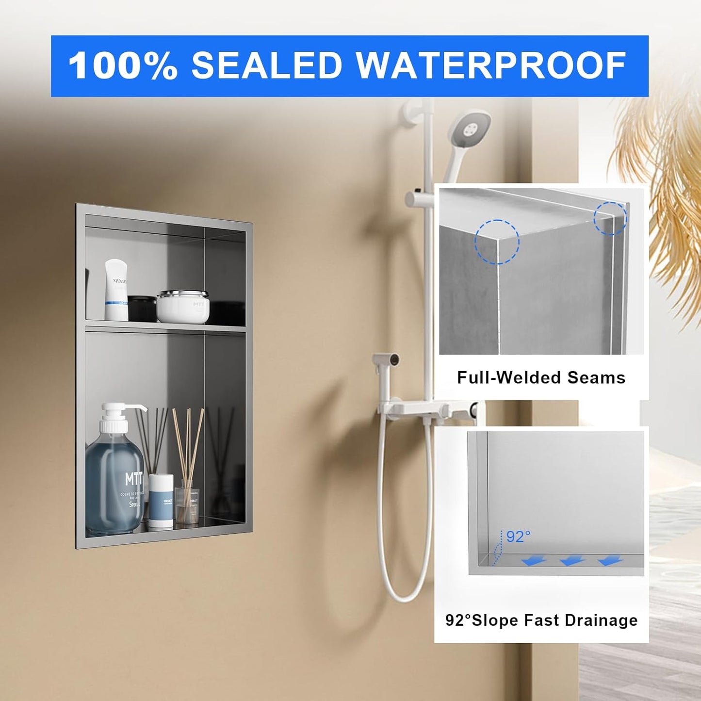 MENATT No Tile Shower Niche, Stainless Steel Wall Niche 13"X19"(Inner Size 12"X18"), Two-Tier Bathroom Shelf, NO Tile Needed Recessed Niche Shower for Bathroom Storage, Black