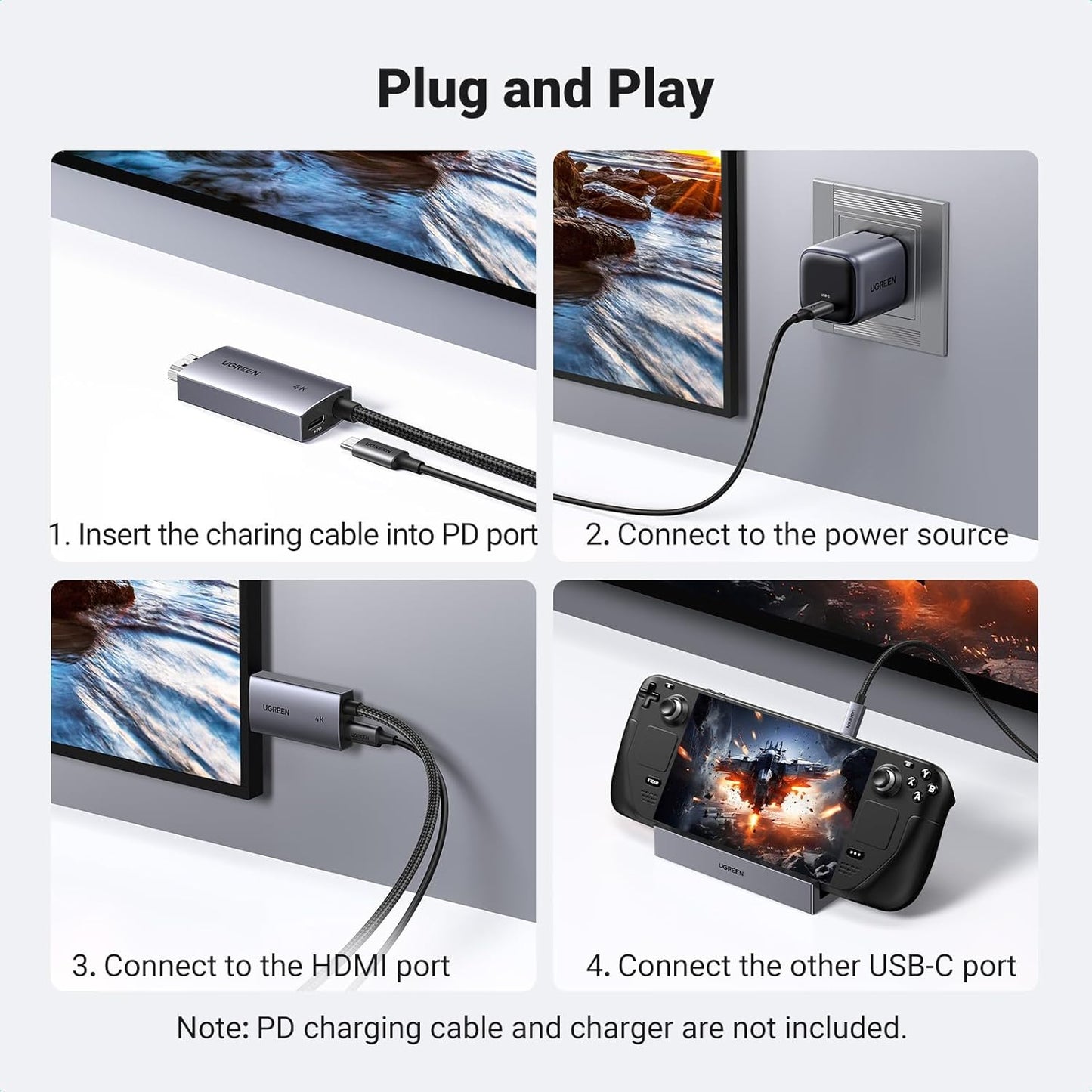 UGREEN USB C to HDMI Cable 100W PD Charger 4K@60Hz 1440P@144Hz 1080P@240Hz/120Hz Type C Thunderbolt 3/4/5 HDR Adapter Compatible with MacBook iMac Mac mini iPad Pro Air iPhone 16 15 Galaxy S24(2M)