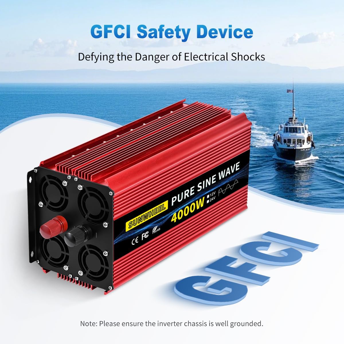 SUNWHEEL 4000W Pure Sine Wave Inverter, 12V DC to 110V/120V AC Power Inverter for RV、Microwave、Off Grid、Truck、Refrigerator、Air Conditioner with 4 AC outlets and LCD Display