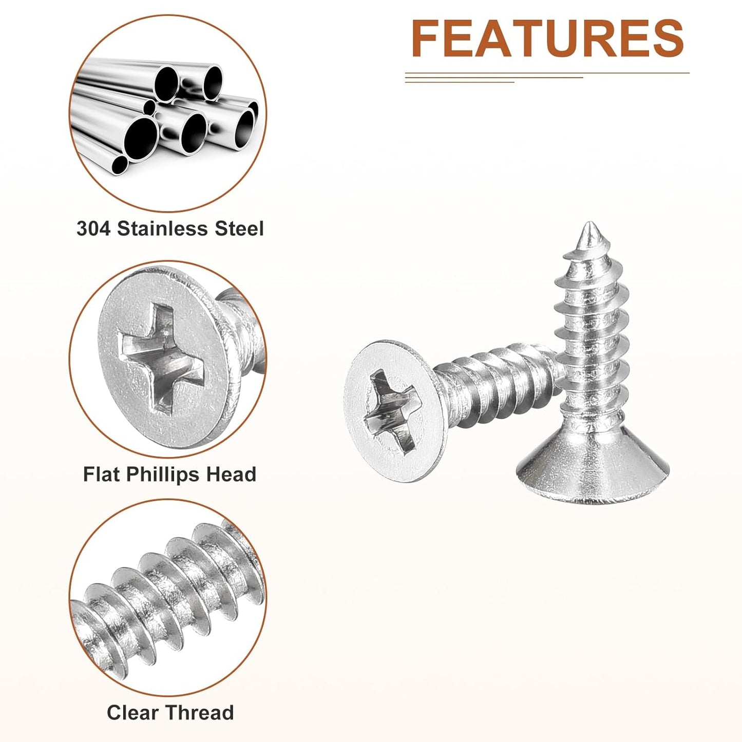 DTGN 100Pcs #6x1/2 Flat Head Wood Screws, 304 Stainless Steel Phillips Self Tapping Screws - Good for Woodworking, Furniture - Silver