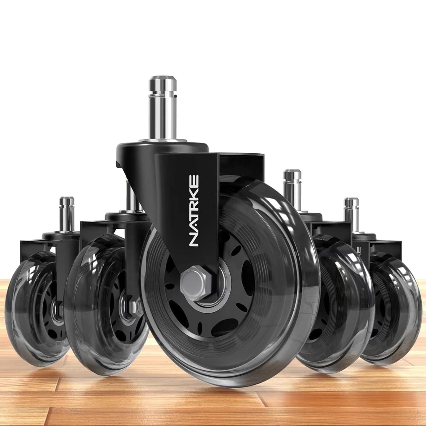NATRKE Office Chair Wheel Replacement, 11×22 Office Chair Casters, 3" Rubber Caster Wheels for Swivel Chair for All Floors Hardwood Carpet, 5 Pack (Clear)