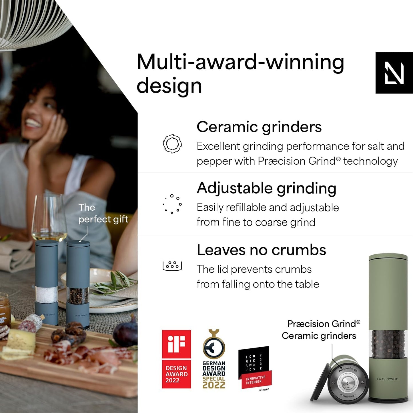 LARS NYSØM Salt and Pepper Mills Set Stainless Steel with Adjustable Ceramic Grinder 2 Pieces I Design Spice Mills Set Manual (Sage Green)