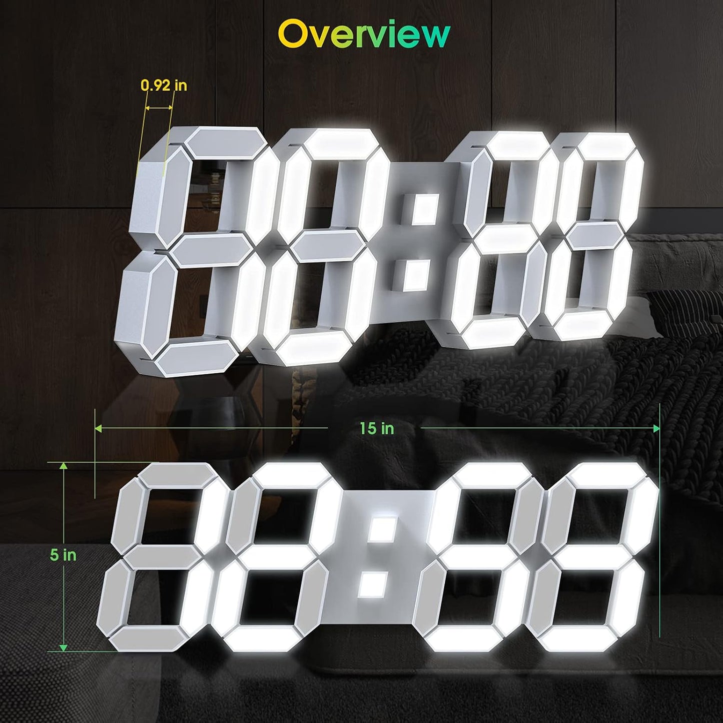 EDUP HOME 3D LED Wall Clock Desk Alarm Clock 7 Colors 9.7" with Remote Control, Digital Alarm Clock Adjustable Brightness Timer 12/24 Hr Time/Date/Temperature for Kid Bedroom/Kitchen/Office