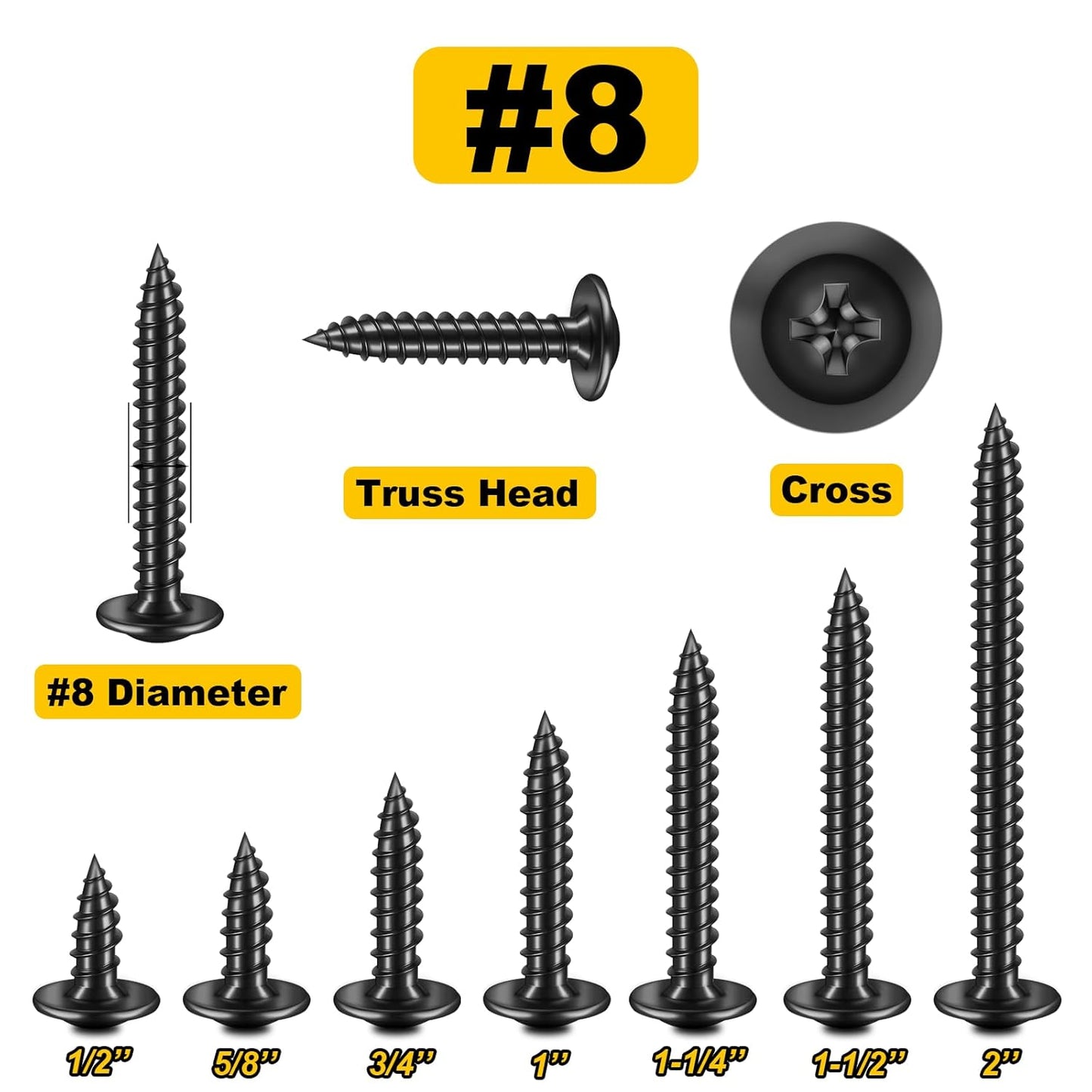 150Pcs #8 × 2" Black Screws for Wood, Phillips Truss Head Wood Screws, Quick Metal Self Tapping, Zinc Plated Steel, Truss Head Screws by Mywish