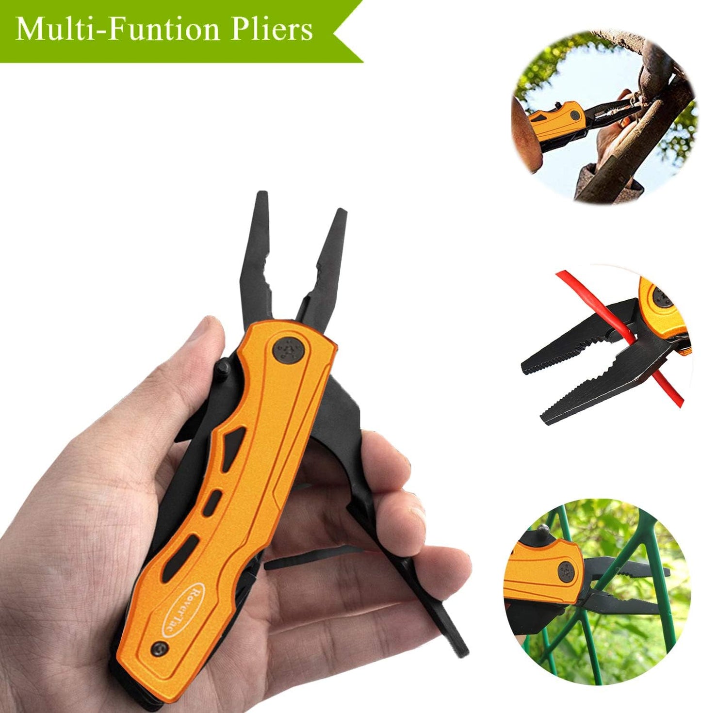 RoverTac Pocket Knife Tactical Folding Knife Multi Tool Survival Camping Knife, Multitool Knife Pliers Bottle & Can Opener 9-Pack Screwdrivers Liner Lock Nylon Sheath, Pocket Knife for Camping Hiking