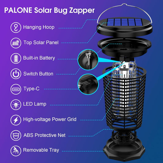 PALONE Solar Bug Zapper with 5.5W Solar Panel Charging, USB Charging Bug Zapper Light for Outdoor and Indoor
