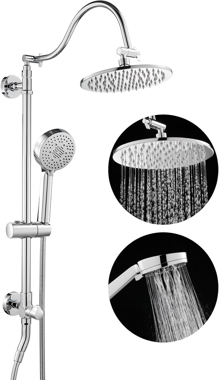 ROVOGO Retrofit Shower System with 7" RainShower, 5-Setting Handheld, 22" Slide Bar with 3-Way Rotary Diverter, Exposed Pipe Shower Column Kit 304 Stainless Steel, Chrome (NOT Include Mixer Valve)