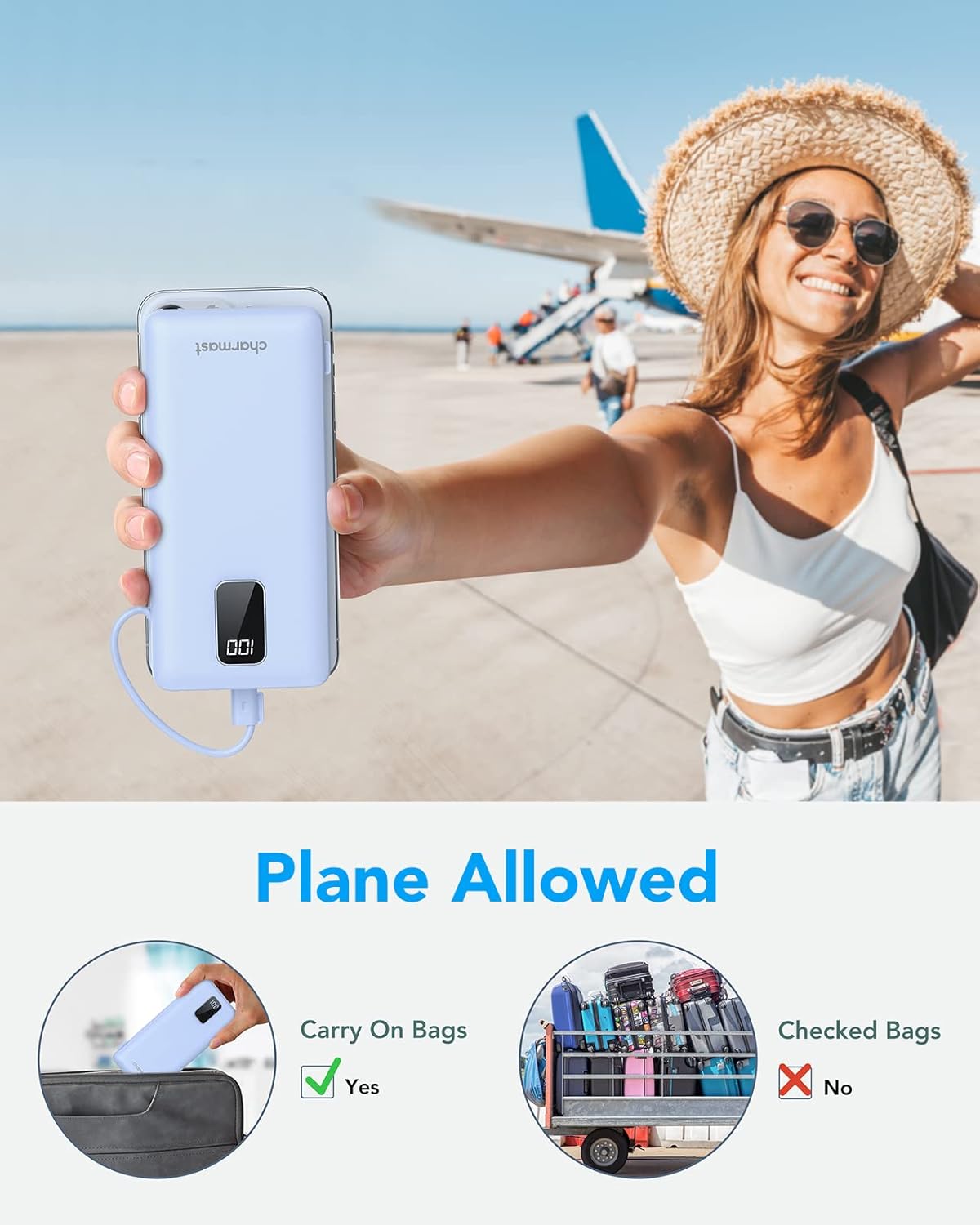 Charmast 10000mAh Portable Charger with Built-in Cables and AC Wall Plug,USB C Battery Pack Power Bank,5 Output 2 Input Battery Pack Compatible with iPhone 16/15/14/13/12,Andriod Series