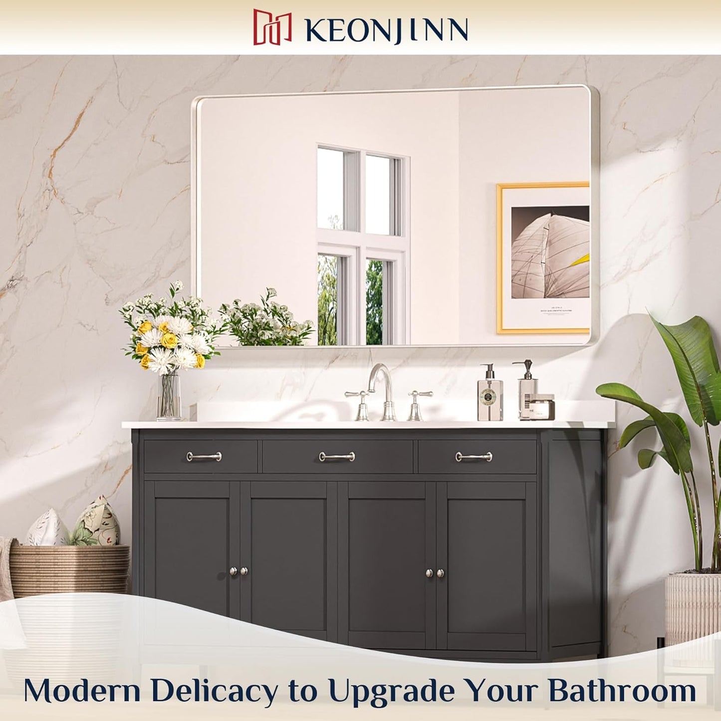 Keonjinn 42 x 36 Brushed Nickel Bathroom Vanity Mirror, Large Rounded Rectangle Bathroom Mirrors for over Sink, Metal Framed Silver Mirror for Wall, Shatterproof HD Tempered Glass(Horizontal/Vertical)